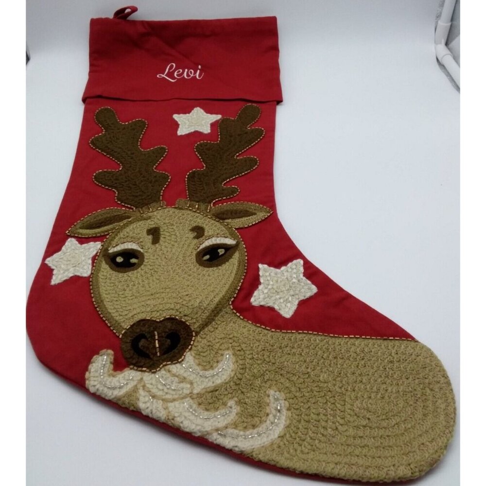 Pottery Barn Levi Reindeer Crewel Embroidery Christmas Holiday Xmas Stocking